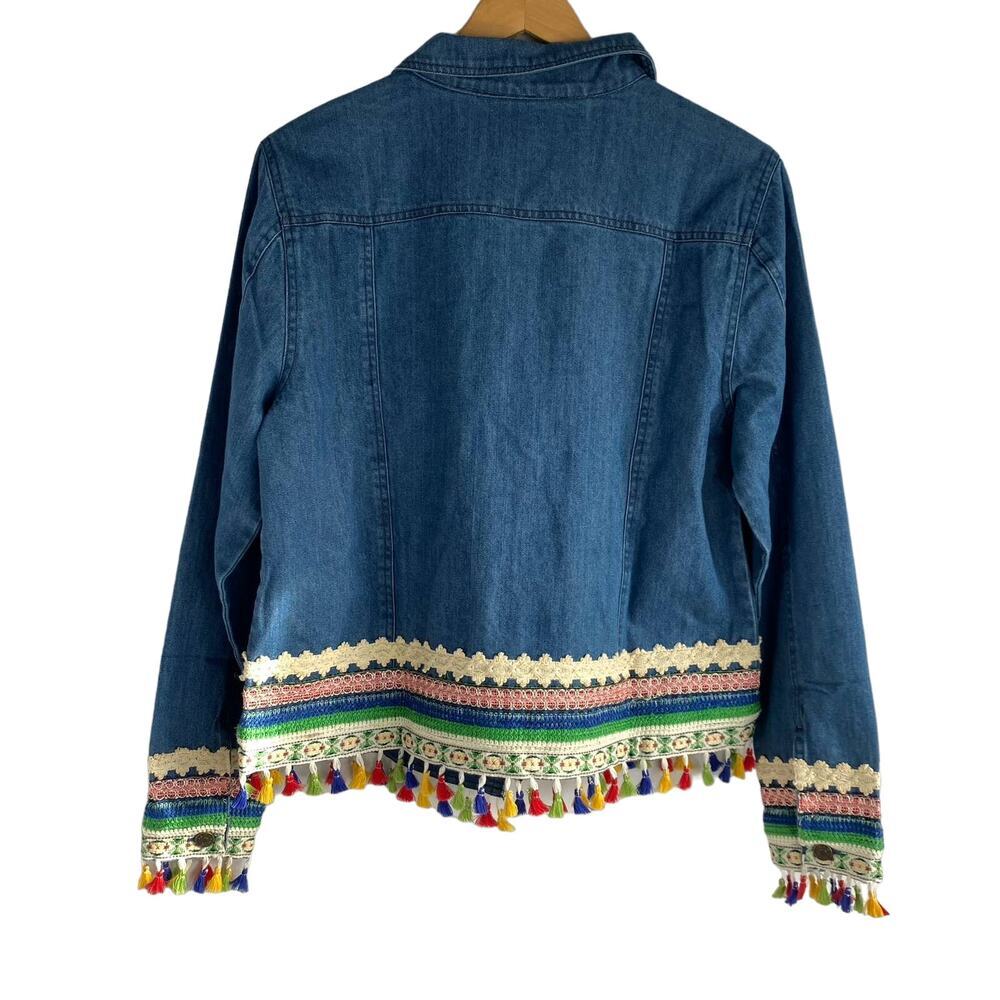 The Pyramid Collection Boho Western Denim Jacket Women L Rainbow Tassel NEW - Picture 2 of 10